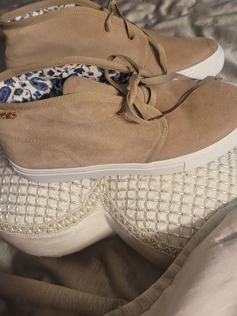 Tory Burch Beige Suede Lace-Up Sneakers with White Sole
